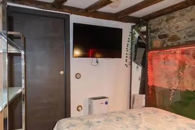 a bedroom with a bed and a television on a wall at Casa en zona medieval in Monforte de Lemos