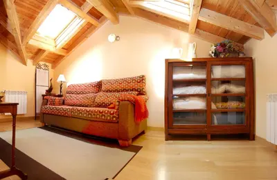 a living room with a couch and a book shelf at Casa Rural Las Verdes l y II in Torre de Babia