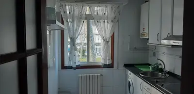 a kitchen with a window with curtains and a sink at Parque da Ponte in Ourense