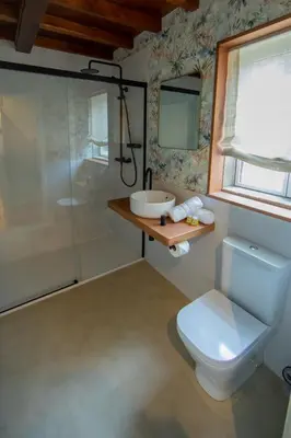 a bathroom with a toilet and a sink and a shower at CASA CON ENCANTO (o Refuxio) in Merza