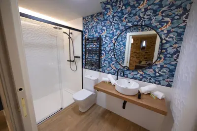 a bathroom with a toilet and a sink and a mirror at CASA CON ENCANTO (o Refuxio) in Merza