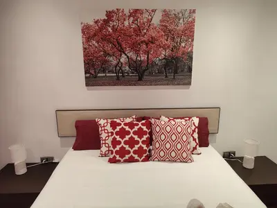 a bedroom with a white bed with red pillows at O Fogar de Cati in Ourense