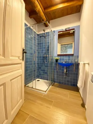 a bathroom with a shower with blue tiles at Casa do Veiga in Chantada