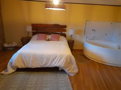 a bedroom with a bed and a bath tub at O fogar da musiña in Maside