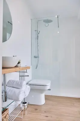 a bathroom with a shower and a toilet and a sink at ALDARA SUITES in Santiago de Compostela