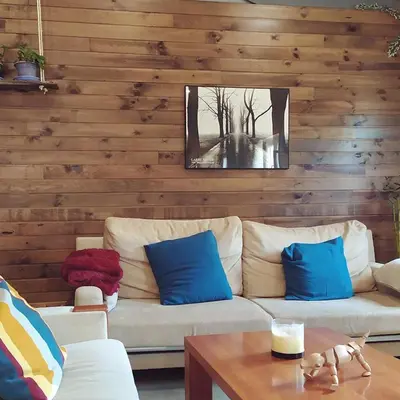 a living room with a white couch and blue pillows at Albergue A Nave de Ferreira in Lugo