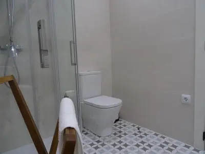 a white bathroom with a toilet and a shower at Mi Refugio in Monforte de Lemos