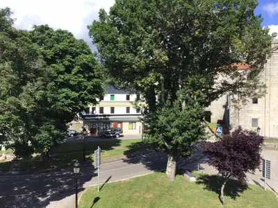 a tree in the middle of a street with a building at Casa Tino in Montederramo