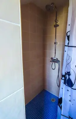 a bathroom with a shower with a shower curtain at A Porteliña Casa Rural, entre viñedos y castaños in Ambas Aguas