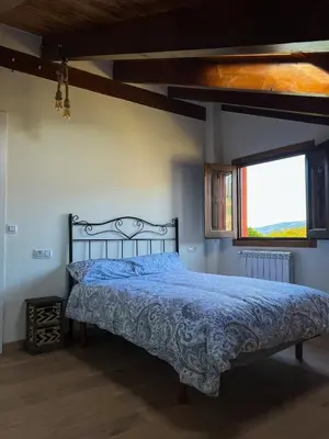 a bedroom with a bed with a blue comforter and a window at A Porteliña Casa Rural, entre viñedos y castaños in Ambas Aguas