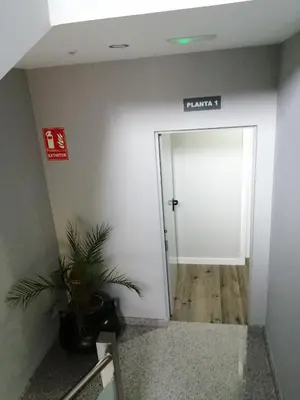 a hallway with a white door and a potted plant at PENSION PORTA SANTA in Baleira