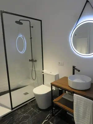 a bathroom with a shower and a toilet and a sink at APARTAMENTOS ARMANYA 3 in Lugo