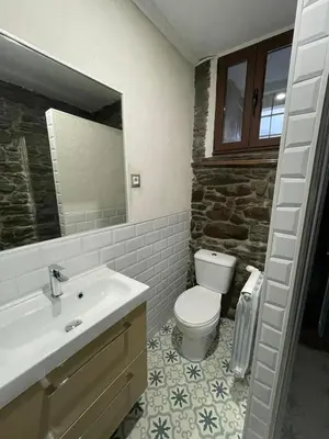 a bathroom with a sink and a toilet and a mirror at Casa Osu Pardo VuT in Caboalles de Abajo