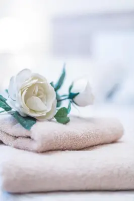 a white rose on top of a pile of towels at Casa Goros in Melide