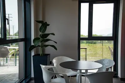 a room with a table and chairs and a potted plant at Hotel Chips Fene in Fene