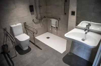 a bathroom with a toilet and a sink at Hotel Chips Fene in Fene