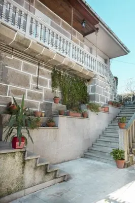 a staircase with potted plants on the side of a building at A Pousa Pensión rural (Camino de Santiago Sanabrés) in Armariz