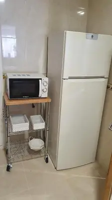 a kitchen with a refrigerator and a microwave on a cart at Os Castelos Playa de Covas in Viveiro