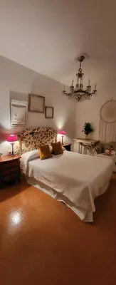 a bedroom with a large white bed and a chandelier at Olimphya in Ourense