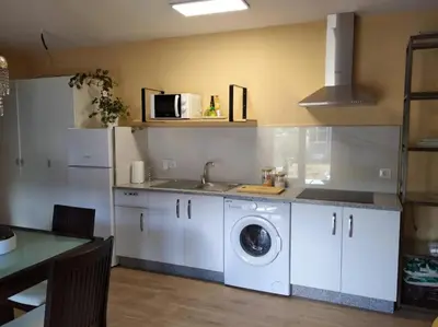 a kitchen with a sink and a washing machine at Charming House in Parada with Large Garden in Parada