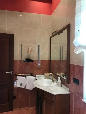 a bathroom with a sink and a mirror at Hotel Batán in Villalba