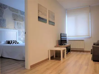 a bedroom with a bed and a table with a television at Apartment in Ourense near Thermal Baths in Ourense