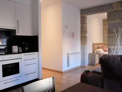 a living room with a kitchen and a living room with a couch at Apartment in Ourense near Thermal Baths in Ourense