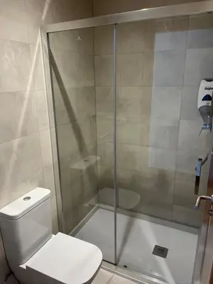 a bathroom with a toilet and a glass shower at ENTRECAMIÑOS in O Pedrouzo