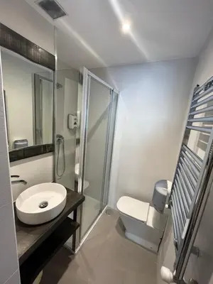 a bathroom with a toilet and a sink and a shower at ENTRECAMIÑOS in O Pedrouzo