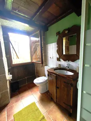 a bathroom with a toilet and a sink and a window at CASERIO RECTORAL DESTERIZ in Ourense