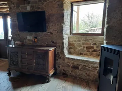a room with a television on a stone wall at Apartamentos Alburiñas Ribeira Sacra in Bolmente