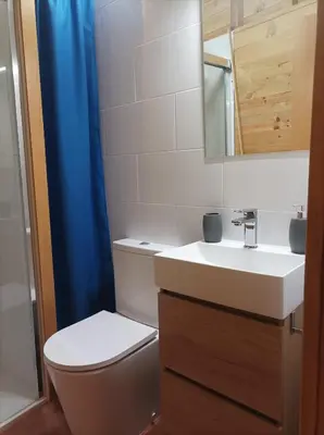 a bathroom with a toilet and a sink and a mirror at Apartamento Da Moura in Maus de Salas