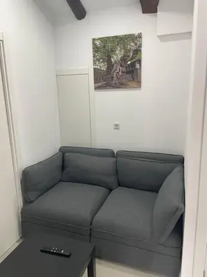 a couch in a living room with a picture on the wall at Casa Triacastela in Tríacastela