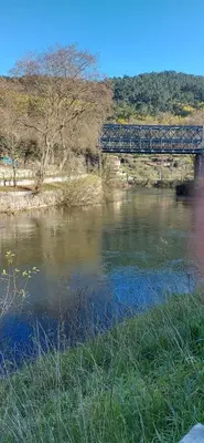 a bridge over a river with some water and grass at Casiña da Madalena in Ribadavia