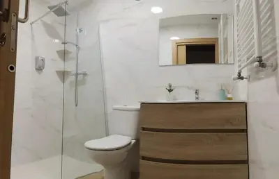 a bathroom with a toilet and a sink and a shower at A casa do lajueiro in Arzúa