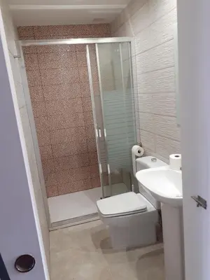 a bathroom with a shower and a toilet and a sink at ALBERGUE LEMAVO in Monforte de Lemos