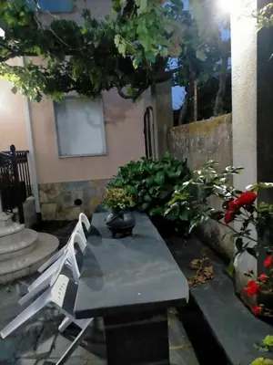 a table and chairs with plants on a patio at O toxal in Monforte de Lemos