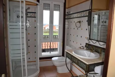 a bathroom with a shower and a toilet and a sink at O toxal in Monforte de Lemos