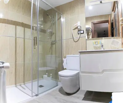 a bathroom with a toilet and a glass shower at Apartamentos Casa Paulino in Taramundi
