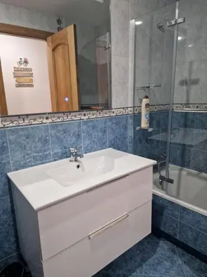 a bathroom with a white sink and a shower at Apartamento a Carballeira in Lugo
