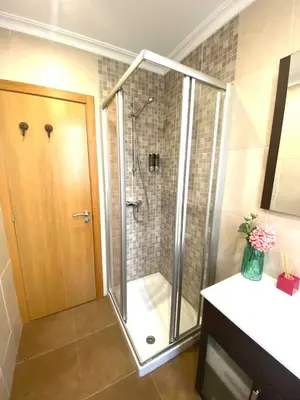 a shower with a glass door in a bathroom at APTO CÉNTRICO ARENAL FAMILY, PARKING GRATIS in Lugo