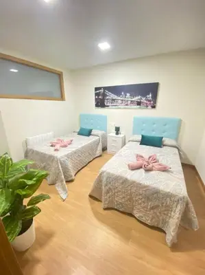 a room with two beds with pink bows on them at APTO CÉNTRICO ARENAL FAMILY, PARKING GRATIS in Lugo