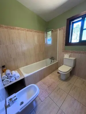 a bathroom with a tub and a toilet and a sink at Casa 2 habitaciones con piscina y cenador al aire libre in Pontevedra