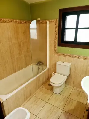 a bathroom with a toilet and a tub and a sink at Casa 2 habitaciones con piscina y cenador al aire libre in Pontevedra