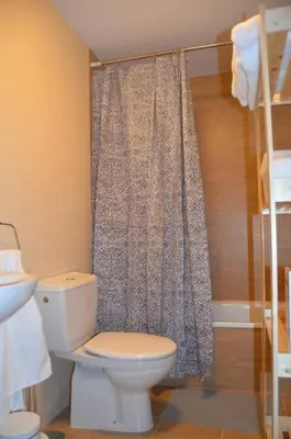 a bathroom with a toilet and a shower curtain at Precioso apartamento con garaje en Ares. in Ares