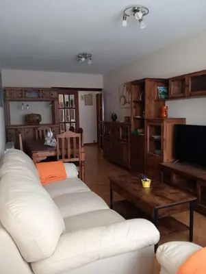 a living room with two white couches and a television at Apartamentos xistra in Cangas del Narcea