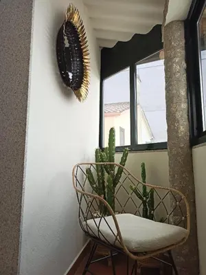 a chair in front of a window with a cactus at A casiña de Estela in Caldas de Reis