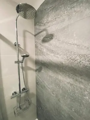 a shower in a bathroom with a concrete wall at Noreas Centro Lucus Augusti in Lugo