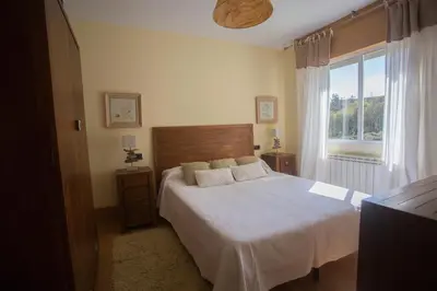 a bedroom with a large bed and a window at Apartamentos Sarela in Santiago de Compostela