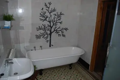 a bathroom with a bath tub and a tree on the wall at Los Polvazares in Castrillo De Los Polvazares